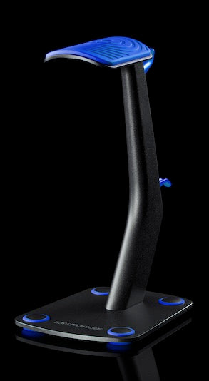 Ion Forge HONE premium headphone stand in blue, solid steel with cable management